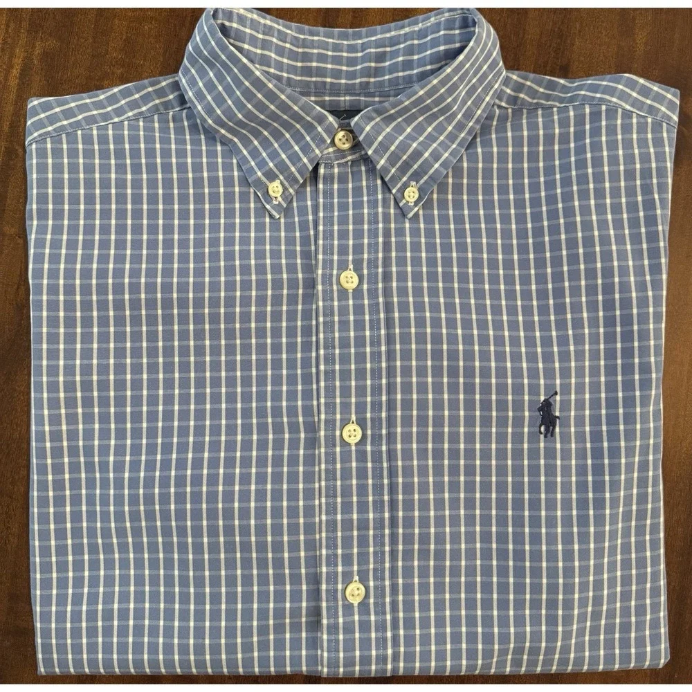 Polo Ralph Lauren Men's Short Sleeve Button Down Shirt Blue White Plaid Check M